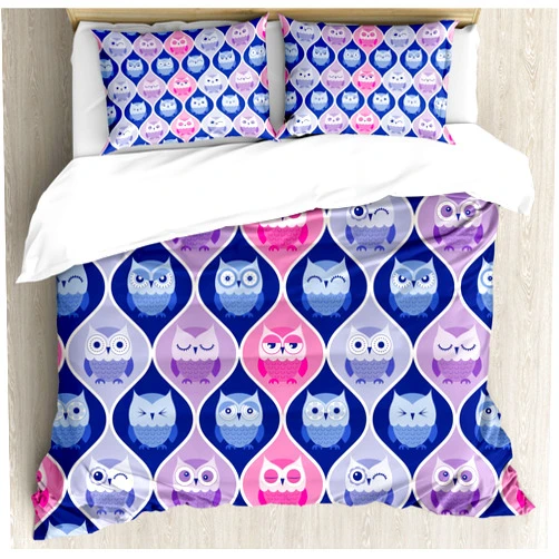 Ambesonne Owl Duvet Cover Set, Tired Eyes Closed Sleeping Owls Silent Flight Vertical Design Illustration, Decorative 3 Piece Bedding Set with 2 Pillow Shams, King Size, Pink Purple Blue