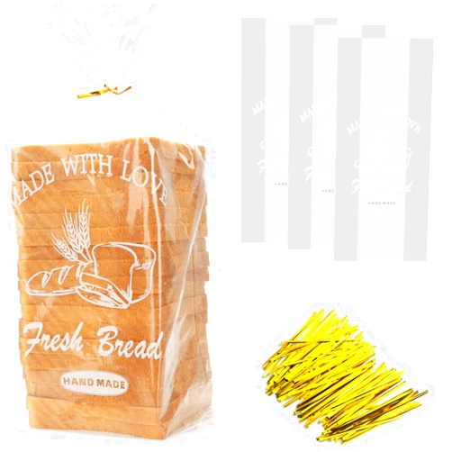 Cupplation Bread Loaf Packing Bags with Ties, Large Bakery Homemade Bread Plastic Bags, 8” x 4” x 18”,40 Pack, Printed Bread Bags Reusable Adjustable