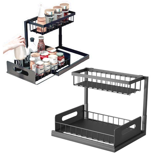 MoonlyTree Kitchen Spice Rack - Pull Out Spice Rack for Kitchen Cabinet Organization, 2 Tier Under Sink Cabinet Organizer with Sliding Storage Drawer, 14.3x10.6x10.4'', Black