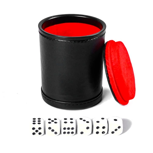 Hloyacc Felt Lined Dice Cup PU Leather Set, Quiet Shaker for Dice Board Family Games Yahtzee Farkle, Set of Six 16mm Rolling Dice Include