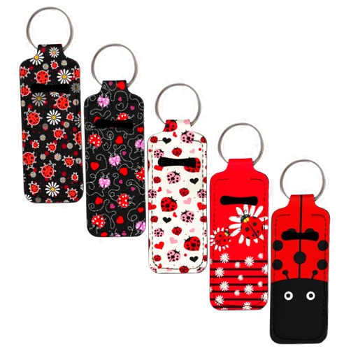 Gearider Ladybug 5 Pieces Lipstick Keychain Holder Lip Balm Holder Keychain Chapstick Lip Gloss Holder Colorful Lipstick Pocket Lip Balm Sleeve Keyring Travel Accessories