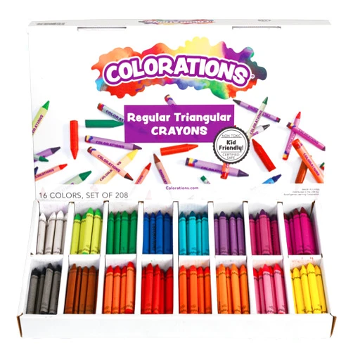 Colorations Regular Size Triangular Crayon Class Pack, 16 Colors, 13 of Each, Set of 208, Easy to Hold & Grip, Toddler, Non Toxic, Kids, Bulk School Supplies, Triangle