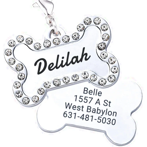 Captree Personalized Pet ID Tags Bone,Custom Rhinestones Cats and Dogs Tag Engraved with Pet Name and Phone Number,Gift for Pet (White)
