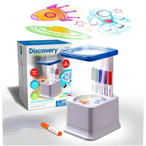 Discovery Kids Art Projector with Six Dry Erase Markers and 10 Reusable Drawing Discs, Draw on Reusable Transparent Sheets, Magnify and Project Art onto Ceilings, Walls, and More