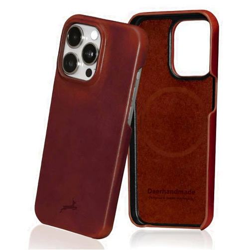 DEERHANDMADE Premium Full Grain Leather Phone Case Compatible with Apple iPhone 15 Pro, MagSafe and Wireless Charger, Shockproof Protective Camera Edge Garnet Edition