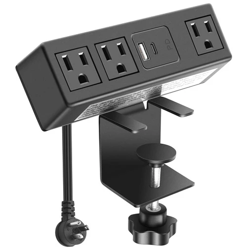 CCCEI Desk Clamp Power Strip with PD 3.0 Fast Charging USB C Port, on Desktop Mount Widely Spaced Outlet 6 FT Flat Plug, Fit 1.6 inch Tabletop Edge Thick, 125V 12A 1500W (Black)