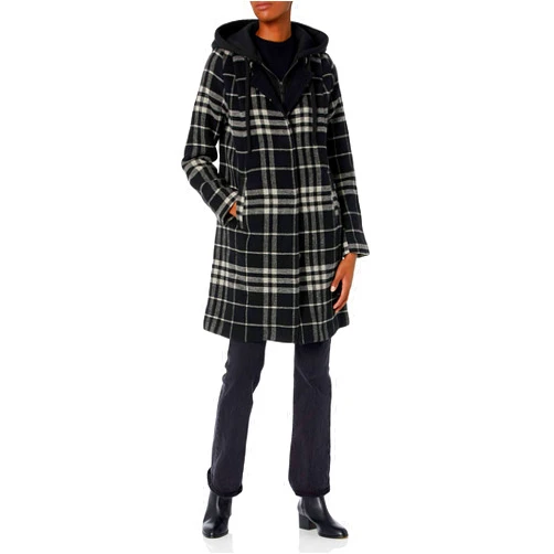 RACHEL Rachel Roy Women's Outer Hooded Plaid Walker Coat with Bib