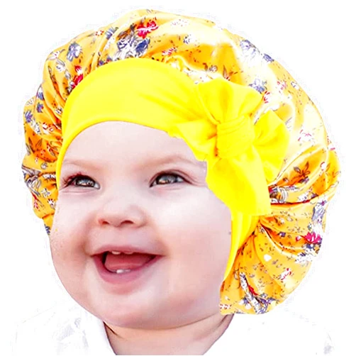 MyMegan Kids Sleeping Bonnet | Hair Bonnet for Teens Toddler Child Baby | Soft Silky Bonnet, Adjustable Elastic Band, Wide Cap for Curly Nature Hair, Braids, Dreadlocks Yellow