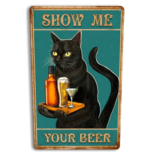 UYPGOIN Funny Black Cat Metal Tin Sign Vintage Kitchen Signs Wall Decor, Outdoor Signs Bar Decorations Art Poster 8x12 Inch (Cat Beer)