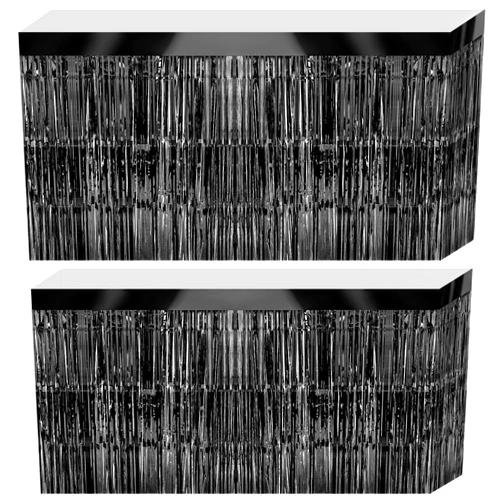 Tayuvira Black Metallic Foil Fringe Tinsel Table Skirts Banner,2 Pcs 29x108 In Disposable Table Skirt Decoration for Parade Floats Wedding Baby Shower Birthday Christmas Bachelorette Graduation Party