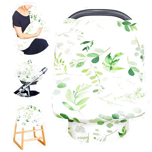 TANOFAR Nursing Cover for Breastfeeding, Multi- use CarSeat Cover Girls Boys, Infant Stroller Cover, Green Leaf, Stretchy Soft Breathable