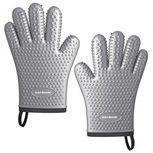 MAD SHARK Silicone Oven Mitts Heat Resistant 450 Degrees with Waterproof & Non-Slip Oven Gloves with Fingers, Silicone Oven Gloves Kitchen Mittens for Baking Cooking Barbecue (GREY1)