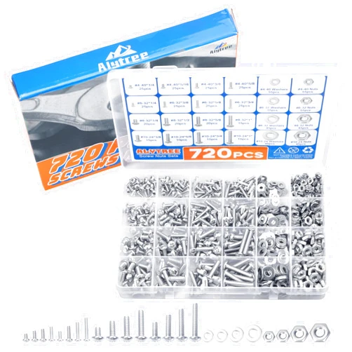 Alyoen 720PCS Nuts and Bolts Assortment Kit, 4-40/#6-32/#8-32/#10-24 Phillips Pan Head Nuts and Bolts Set, Machine Screw Assortment Kit Stainless Steel Nuts and Bolts Flat Washers with Case