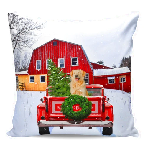 YOKOU Cushion Case Throw Pillow Cover Merry Christmas Tree Golden Retriever on Red Truck Barn Decorative Square Short Plush Pillow Case Home Decor for Sofa Couch Bed Chair, 18x18IN