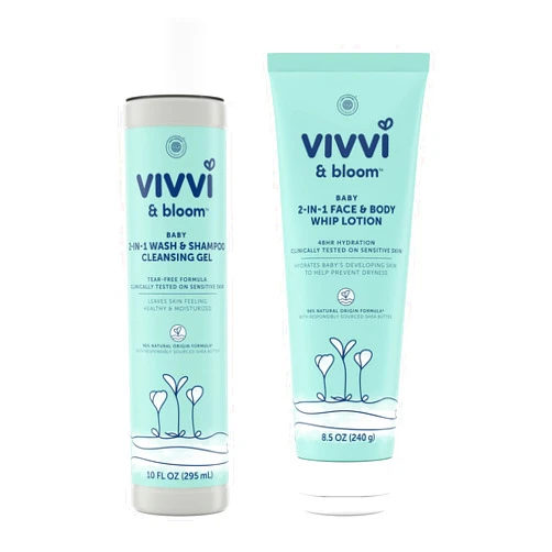 Vivvi & Bloom Gentle 2-in-1 Baby Wash & Shampoo Cleansing Gel, 10 fl. Oz with VIVVI & BLOOM Gentle 2-in-1 Baby Face & Body Whip Lotion, 48-Hour Hydration, 8.5 oz