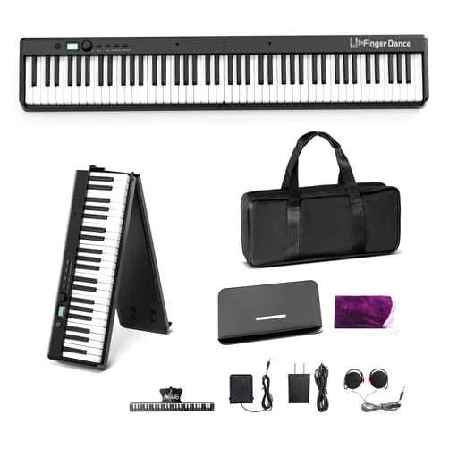 Finger Dance Folding Piano Keyboard 88 Keys, Portable Electric Keyboard with Bluetooth MIDI, Full Size Digital Piano, Wood Grain, Semi-Weighted, Touch Sensitive, with Storage Bag for Beginner