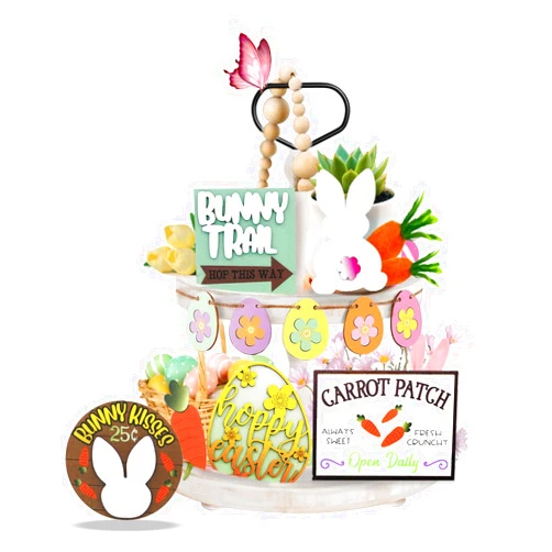 IVYDREVER 12PCS Easter Tiered Tray Decor, Wooden Bunny Easter Tiered Tray Decorations Set, Farmhouse Egg Rabbits Carrots Easter Tiered Tray Decor Items Bundle, Rustic Easter Decorations for Home Kitchen Party