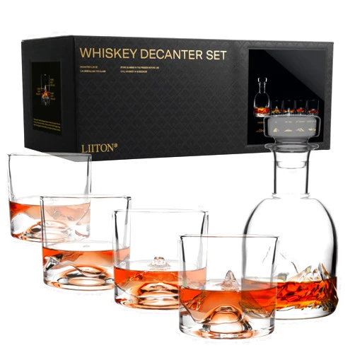 LIITON The Peaks Mountains Crystal Bourbon Whiskey Decanter Gift Set with 4 Old Fashioned Glasses, Premium Luxury Gifts for Men, Vodka, Scotch, Liquor, 1,000 ML