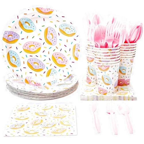 Juvale 144 Piece Donut Grow Up Party Supplies, Serves 24 Guests Disposable Sprinkle Paper Plates, Cocktail Napkins, Cups, Cutlery, Two Sweet Birthday Party Decorations
