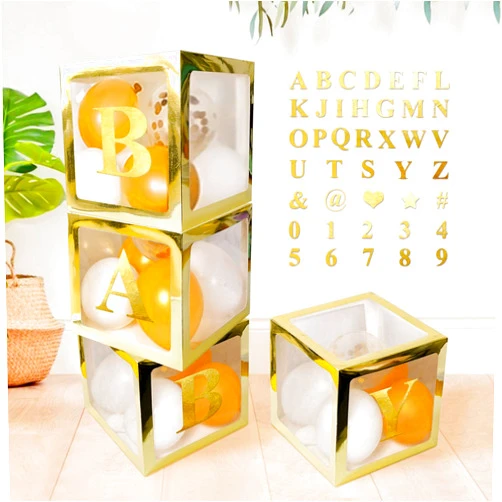 UNIIDECO 4 pcs Gold Transparent Balloons Boxes with 30 Letters 10 Numbers 5 Symbols, UNIIDECO Neutral Gender Reveal Oh Baby Shower Decorations ABC Blocks Sign Wedding Shower Birthday Graduation Party Supplies