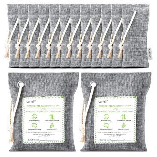 CLEVAST 14 Pack Activated Bamboo Charcoal Air Purifying Bags(2x200g, 12x50g), Natural Fresh Odor Absorber, Deodorizer and Moisture Eliminator, Air Purifier for Home, Closet, Shoe, Car Air freshener