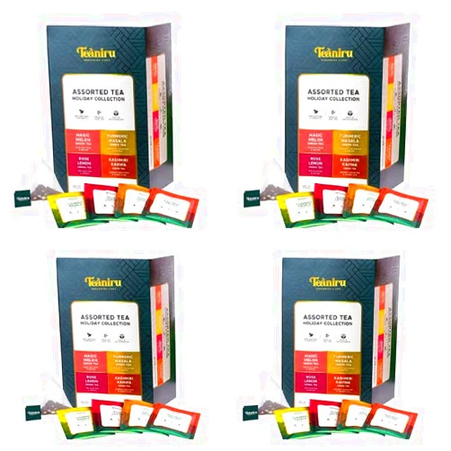 Teaniru, Assorted Holiday Tea Collection - Christmas Tea Sampler- 28 Count (Pack of 4) - 112 Holiday Tea BagsIndividually Wrapped | 4 Holiday Green Tea - Brew Hot or Cold | Holiday Tea for Detox, Energy, Immunity & Relaxation