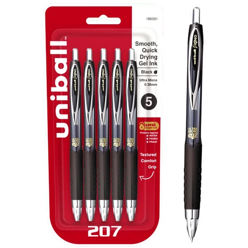 Uni-Ball Uniball 207 Retractable Gel Pens, Ultra Micro Point (0.38mm), Black, 5 Pack