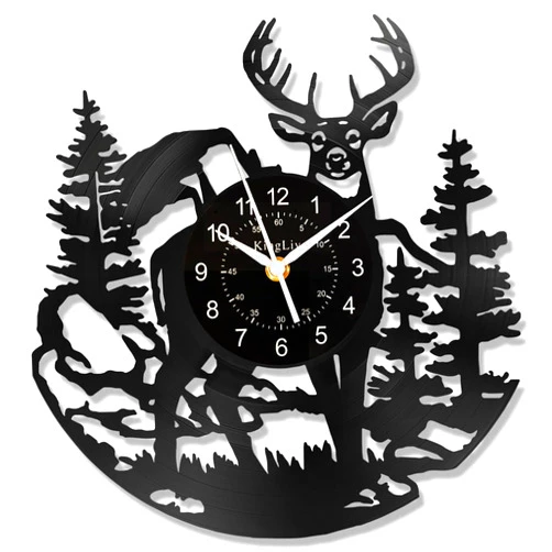 BOVIZIPY Deer Forest Theme Wall Clock, 12 Inch Vinyl Record Clock,Art Wall Deer Decor,Home Decor,Cute Present for Parents/Deer Fan/Animal Lovers.Black Glue Art Decor Gift.