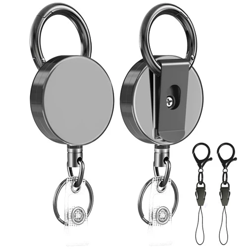 LeBao Heavy Duty Metal Retractable Badge Reels, ID Badge Holder with Belt Clip Key Ring, Retractable Metal Keychain Badge Holder, 2 Pack