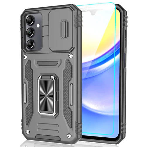 LEXNEC for Samsung Galaxy A15 5G Case with Sliding Camera Cover & Tempered Glass Screen Protector + Rotatable Ring Holder Kickstand Shockproof Slim Phone Case for Galaxy A15 5G (6.5