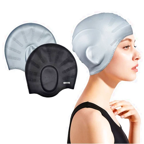 Vsidea Silicone Swim Cap (2pack),Ear Protection 3D Ergonomic Design Waterproof Bathing Solid Swimming Cap Ear Cover Pockets Comfortable for Adult Men Women Long Hair