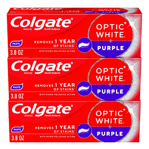 Colgate Optic White Purple Teeth Whitening Toothpaste, 3 Pack, Anticavity Toothpaste with Fluoride, Fresh Mint Flavor, 3.8 OZ