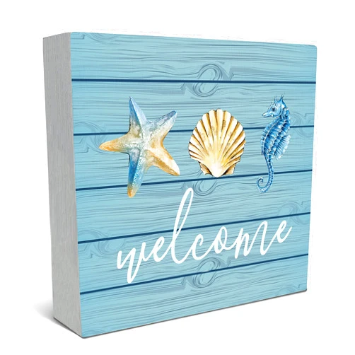 MATou Welcome Rustic Summer Beach Wood Box Sign Desk Decor，Seashell Seahorse Starfish Teal Wooden Block Box Sign Decoration For Coastal Beach House Shelf Table Decor 5 * 5 inch
