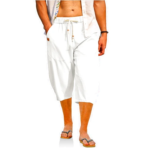 JMIERR Men's Linen Harem Capri Pants Loose Fit 3/4 Shorts Drawstring Elastic Waist Casual Beach Yoga Trousers