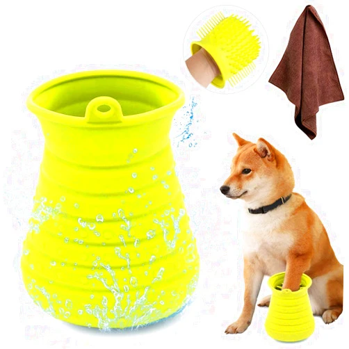Idepet Dog Paw Cleaner Cup with Towel Pet Foot Washer Protable Dog Cleaning Brush for Puppy Cats Massage Grooming Dirty Claw (Green)