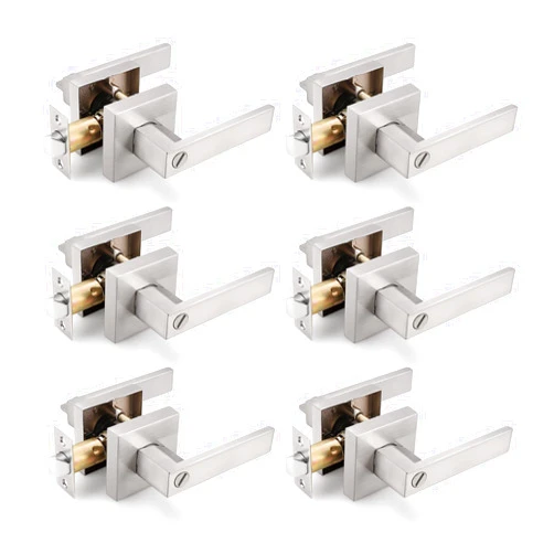 Gobrico Pack of 6 Square Door Handles Levers, Bedroom and Bathroom Privacy Locks Satin Nickel Finished, Keyless Interior Door Locksets Door Knobs