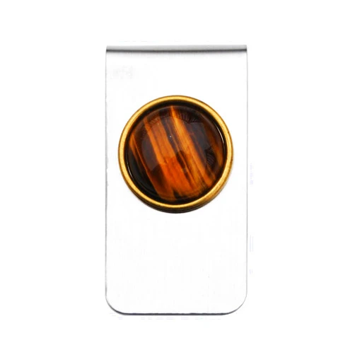 Jt6740 Natural Tiger Eye 18mm Round Cabochon Stainless Steel Money Clip New