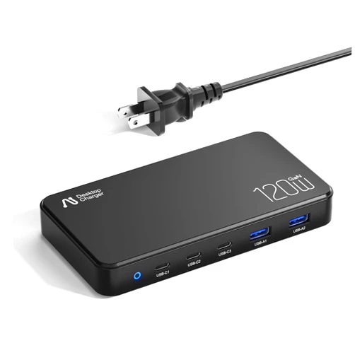 Aergiatech 120W USB C Charger for MacBook Pro, 5-Port GaN3 100W Max Charging Station for MacBook Air Laptop, Google, Pixelbook, ThinkPad, Dell XPS, iPad Pro, Galaxy S22/S20, iPhone 15/14/Pro, and More - Black