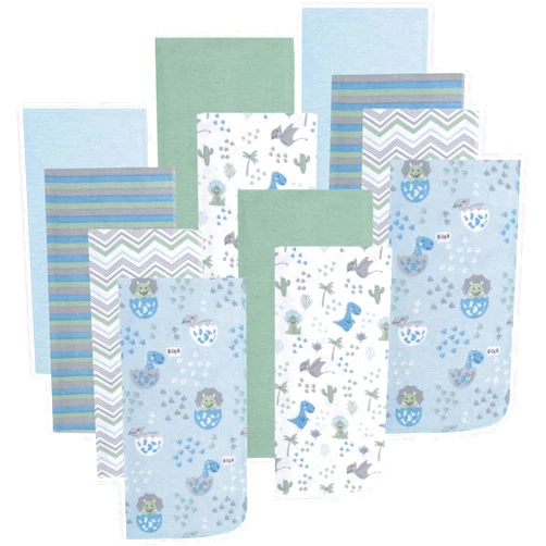 EVERYDAY KIDS 12 Pack Burp Cloths for Baby Boy; Newborn Essential with - Large Absorbent Cotton Flannel Blue/Green Burping Cloths for Babies with Baby Dinosaurs, Zig Zag and Stripe Prints and Solids