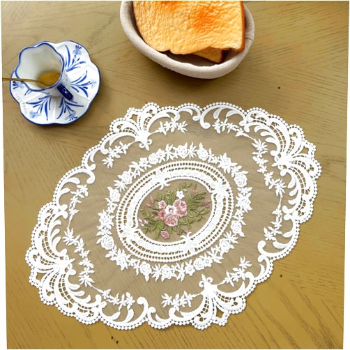 VIRFONOR 2PACK Retro French Style Lace Placemats Fashionable Embroidered Cup Mat vase mat 12”x16” (White)