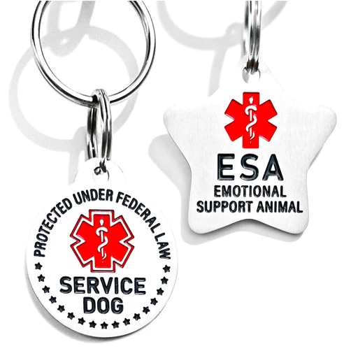 KEVSUN Service Dog Id Tag and ESA Emotional Support Dog Tags with Red Medical Alert Symbol, 4 Lines of Custom Text Deeply Engraved on Back of Pet ID Tag (Round, Service Dog)