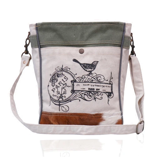 PARRYS LEATHER WORLD Upcycled Canvas Crossbody Bag for Women | Cowhide Bag | Hair Accent on the Bottom | Upcyceled Tote Bag Messenger Casual Sling Canvas Sathcel Bag with Adjustable & Deatchable Shoulder Strap