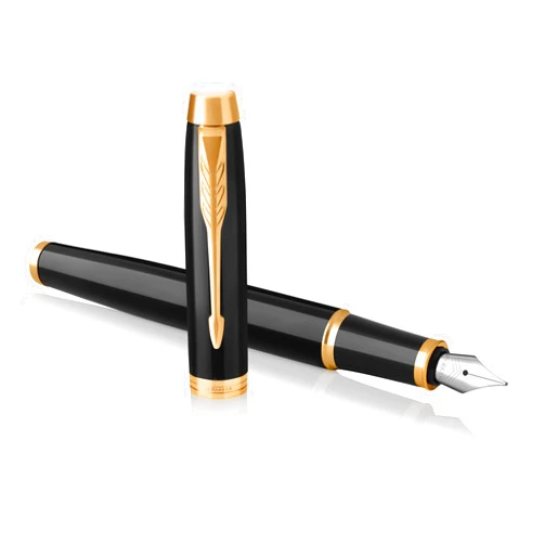 Parker IM Fountain Pen, Black Lacquer Gold Trim, Medium Nib with Blue Ink Refill, Gift Box (1931652)