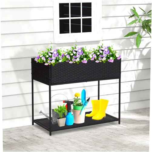 Kinpaw Rattan Raised Garden Bed with Liner- Planter Box with Underneath Tool Storage Rack, Elevated Planting Containers with Legs, Handmade Wicker Plants Pot Holder for Herbs, Vegetables, Flowers