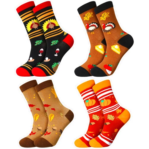SATINIOR 4 Pair Fall Sock Autumn Novelty Sock Thanksgiving Holiday Sock Leaves Pumpkin Turkey Print Sock for Women Girl Gift