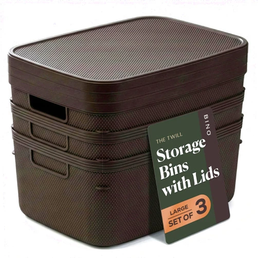 BINO | Plastic Storage Bins with Lids, 13 Liter - 3 Pack, Dark Brown | THE TWILL COLLECTION | Plastic Bins for Organization | Woven Storage Baskets for Organizing | Pantry Shelf Organizer Basket Bin