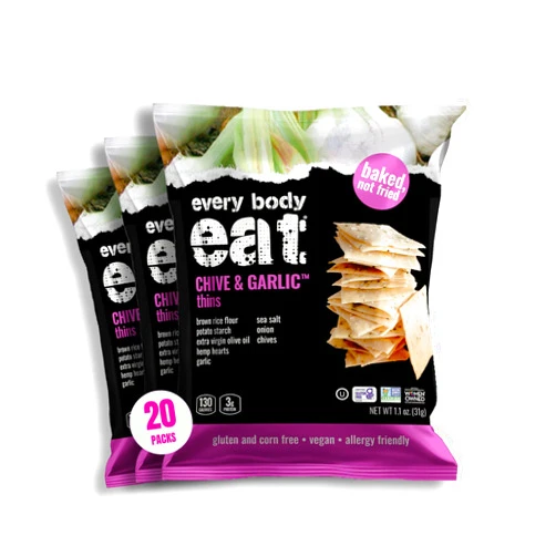 Every Body Eat Snack Thins, Gluten & Dairy Free, Vegan, School Safe Lunch Snacks, Chive & Garlic (20 Single Serve Bags, 1.1oz)