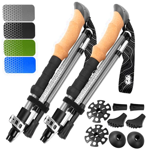 Hiker Hunger Outfitters Premium Foldable Hiking Poles by USA Brand - Adjustable, Lightweight Trekking Poles Made of Aircraft Aluminum, Metal Flip Locks & Comfortable Real Cork and EVA Foam Grips
