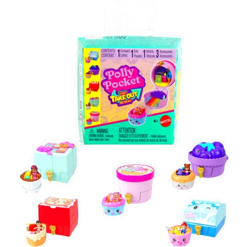 Polly Pocket Micro Dolls & Compacts with Toy Cars, Food Theme Vehicle Collection, Tiny Take Out Reveal Assortment with Surprises