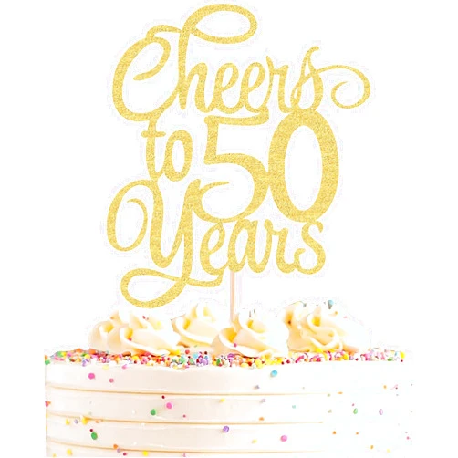 AHAORAY Cheers to 50 Years Cake Topper - Gold Glitter 50th Birthday Cake Decorating Supplies, Perfect for 50th Anniversary or Fifty Birthday Party, Photo Booth Props
